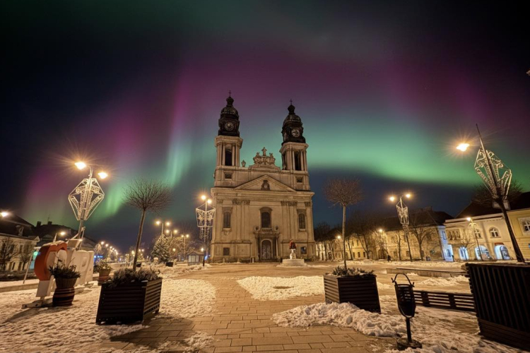 Gyönyörű a sarki fénnyel díszített pápai Fő tér!