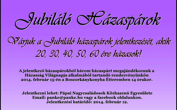 Jubiláló Házaspárok jelentkezését várja a PÁNKE