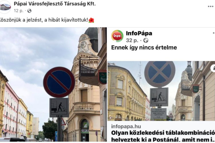 Reagált a Városfejlesztő Kft - Kijavították a hibás táblakihelyezést